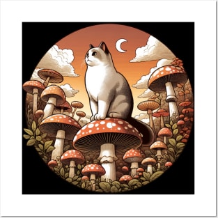 Funny Vintage White Cat in Mushroom Garden Posters and Art